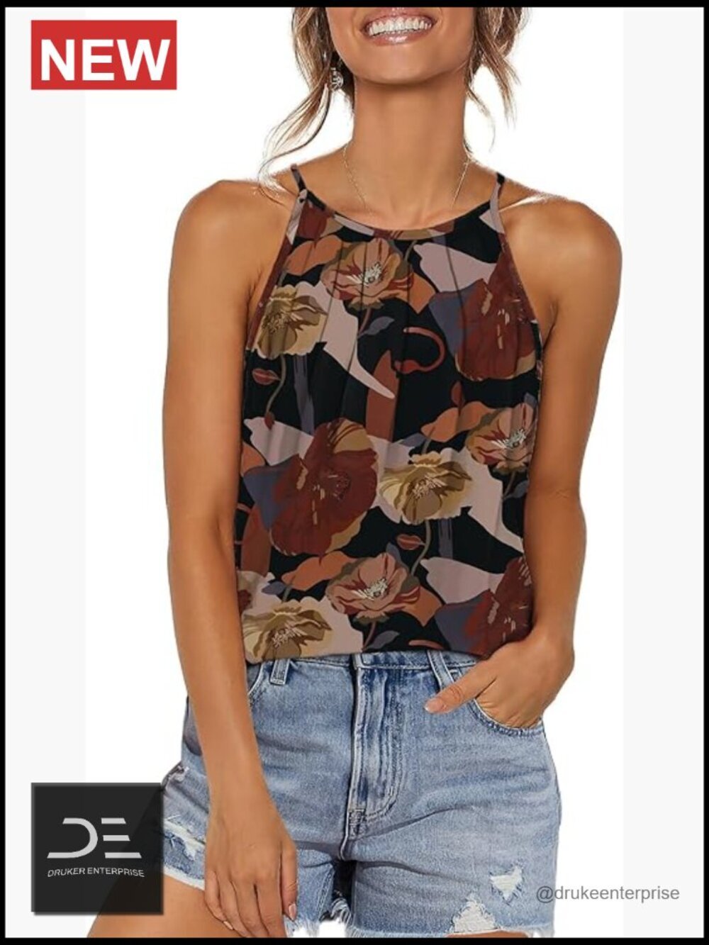 Pleated Tank Tops Spaghetti Strap Halter Tops Curved Hem Loose Fit